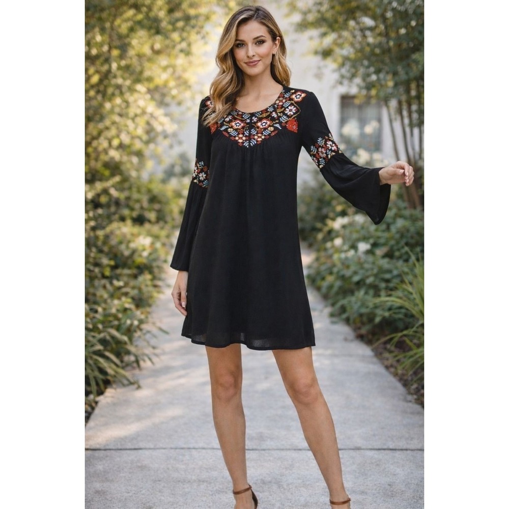 Blue Rain Embroidered Tunic Dress Flowy Cottage Bohemian Dark Fairy XXS‎ fits S